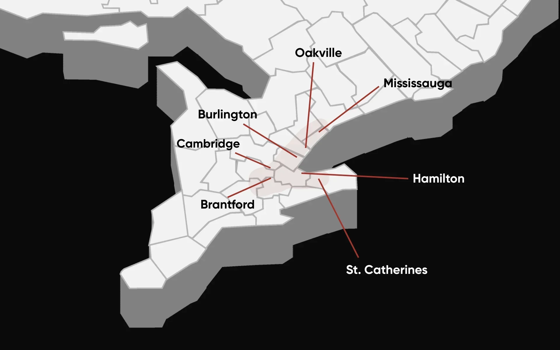 A drawn-out map of southern Ontario with locations for eavestrough services by The Eavestrough Company highlighted