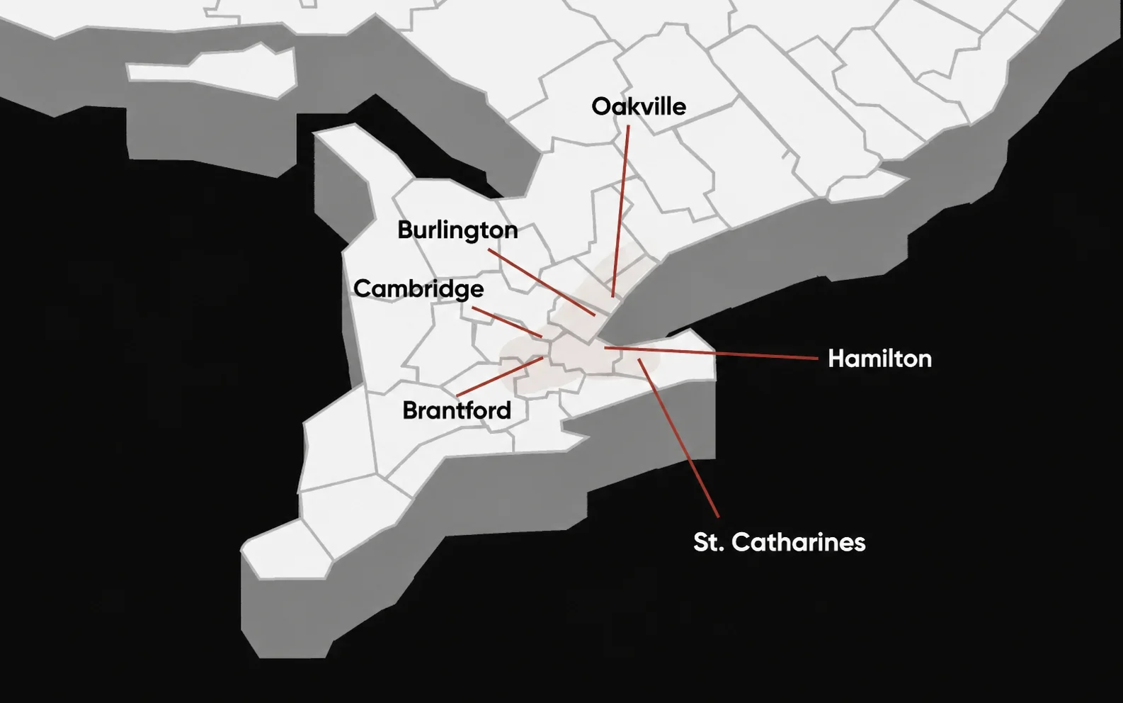A drawn-out map of southern Ontario with locations for eavestrough services by The Eavestrough Company highlighted