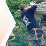 The Eavestrough Company technician custom-fitting seamless aluminum eavestrough on-site in Ontario