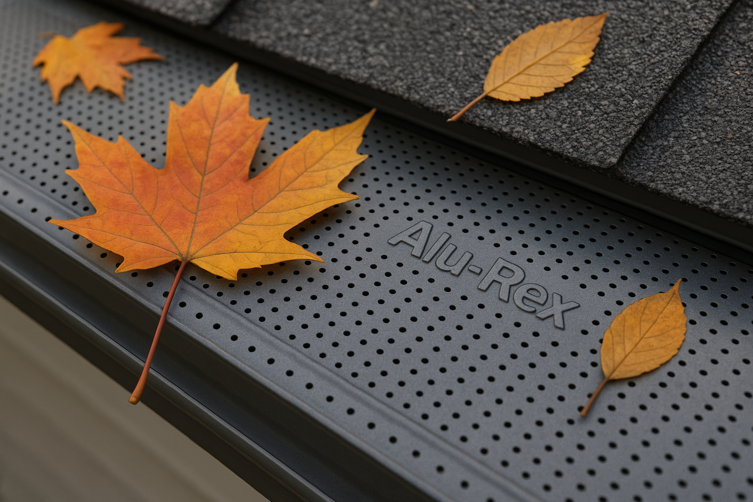 Alu-Rex gutter guards with leaves on top, filtering water to prevent clogged gutters after eavestrough installation in Ontario.