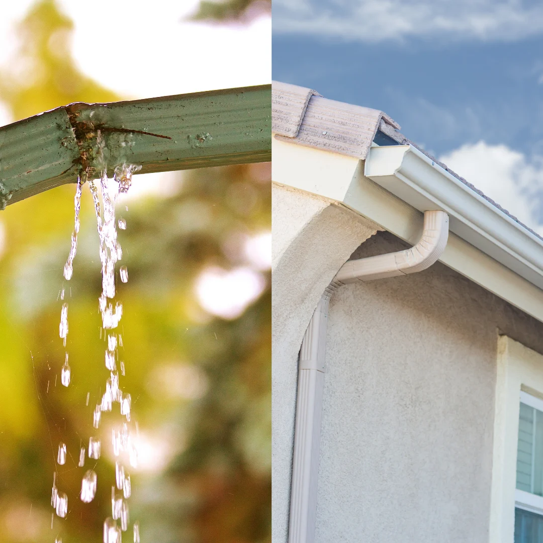 Before and after comparison of old sectional gutters vs. new seamless gutters