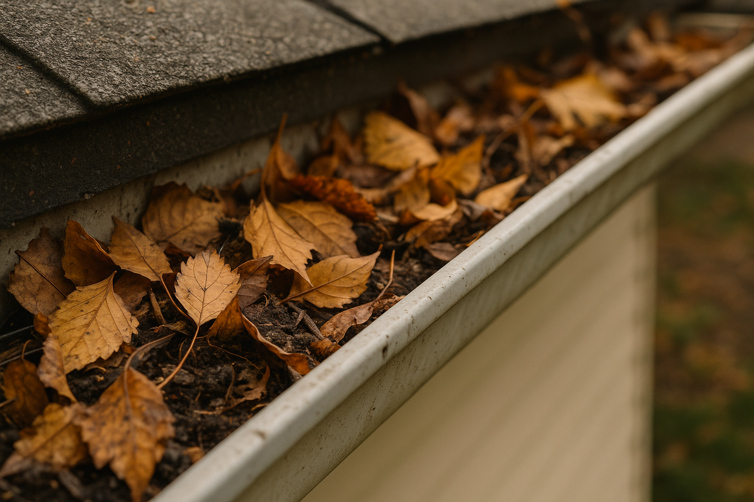 Clogged gutter full of fall leaves before eavestrough guards installation