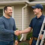 Homeowner hiring local gutter installer for seamless gutter installation
