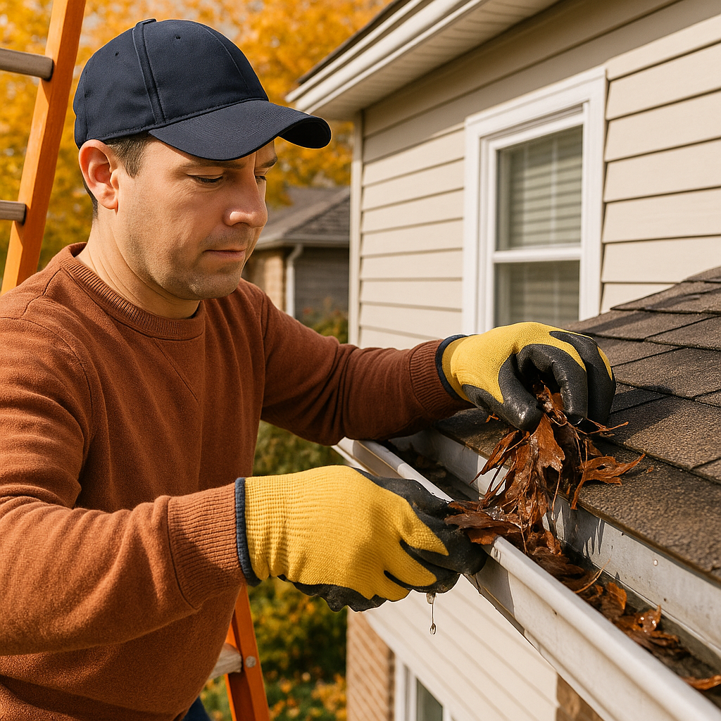 Homeowner on ladder cleaning out leaves from his aluminum gytters during fall eavestrough maintenance.