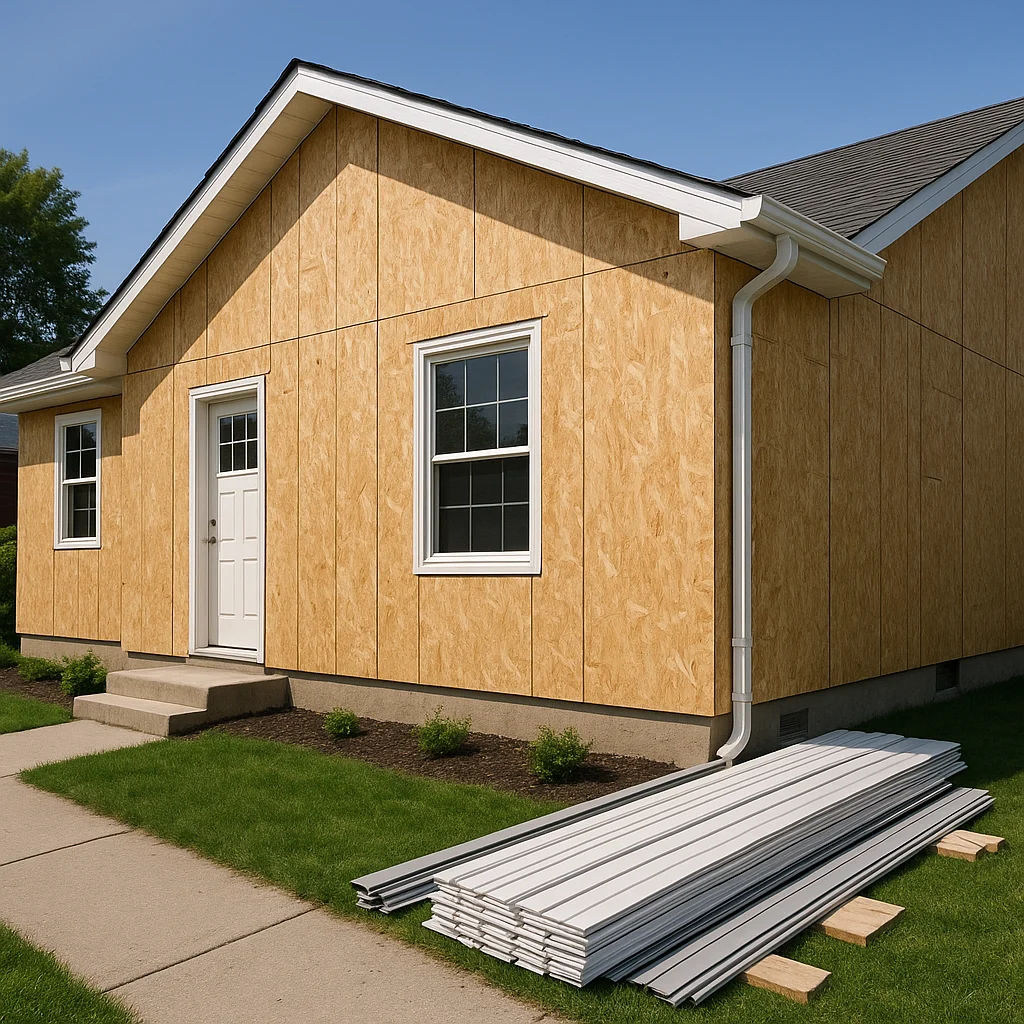 Plywood sheathing installed on a home exterior before siding.