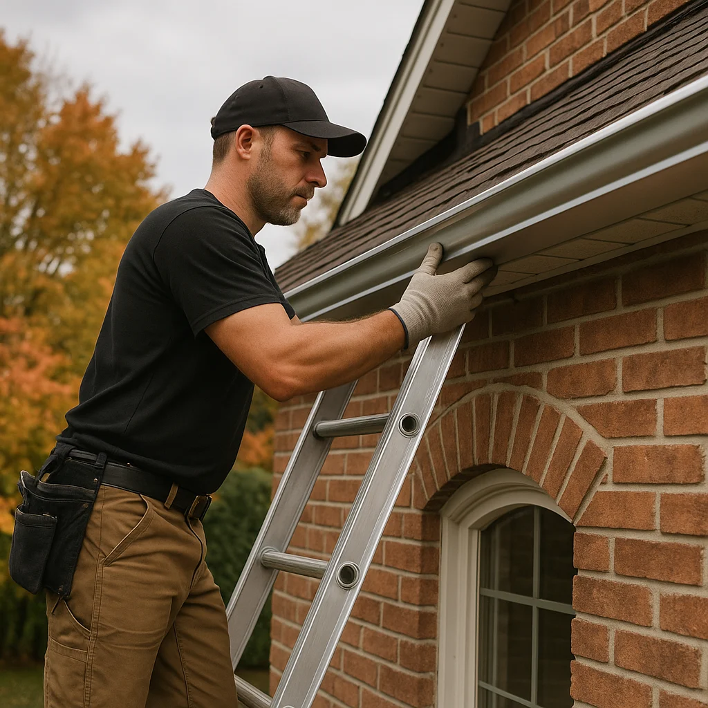 Professional technician installing seamless aluminum eavestrough on Ontario home.