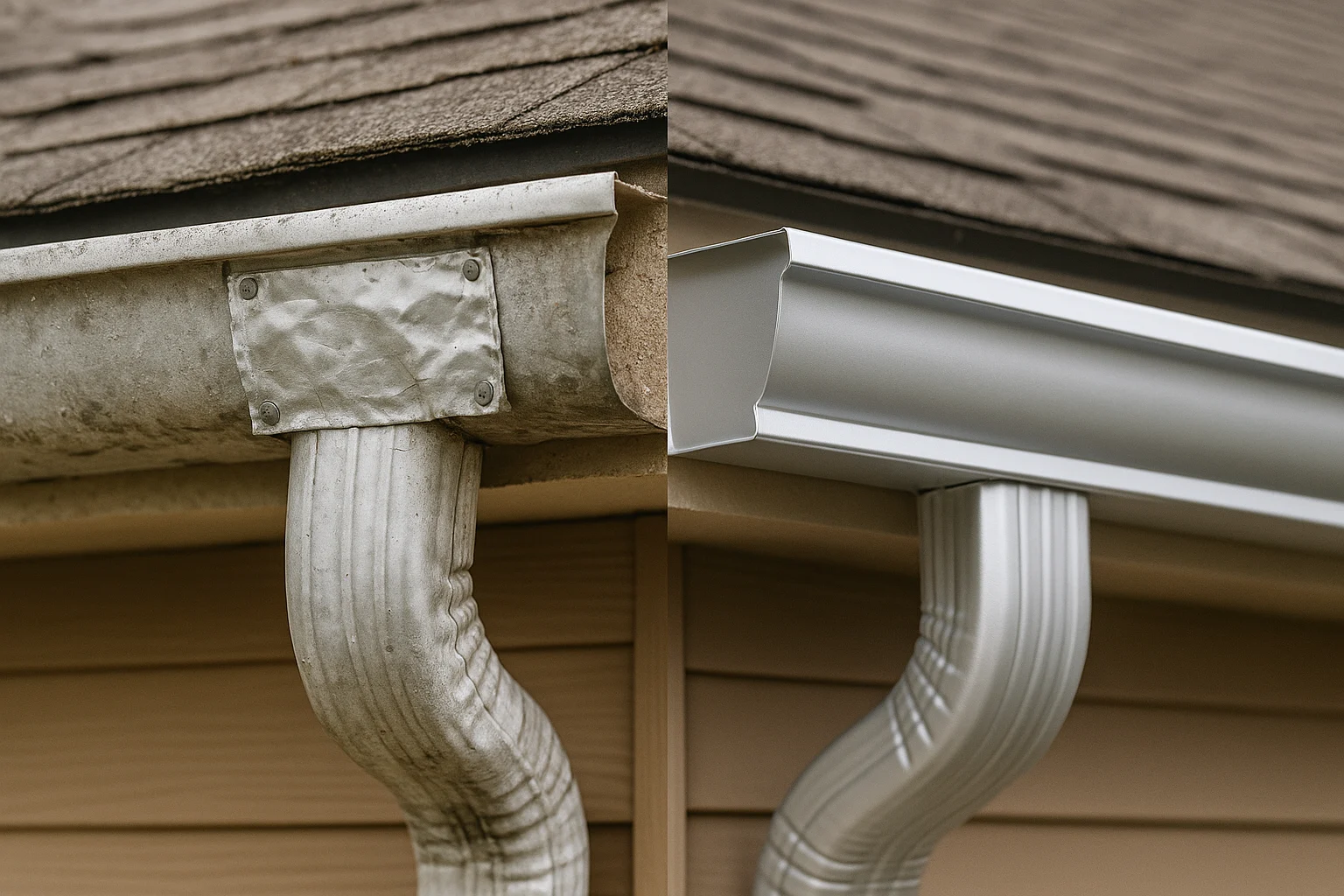 Side-by-side comparison of an eavestrough repair vs replaced gutters on an Ontario home.