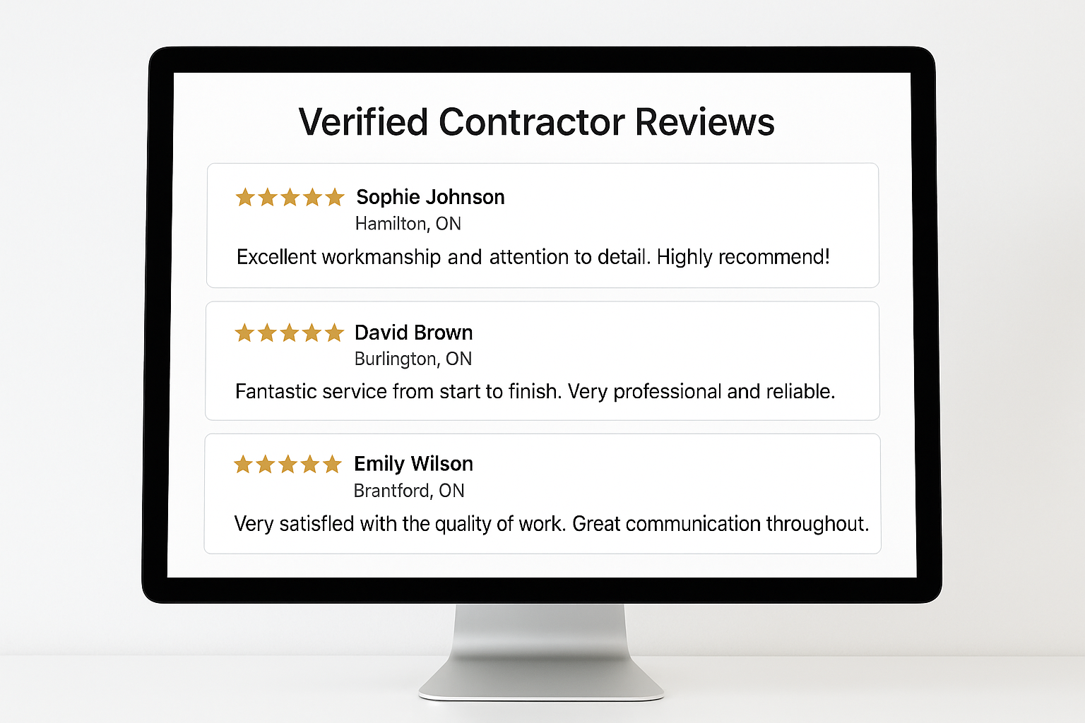 Example of transparent contractor reviews showing reviewer names and cities in Ontario