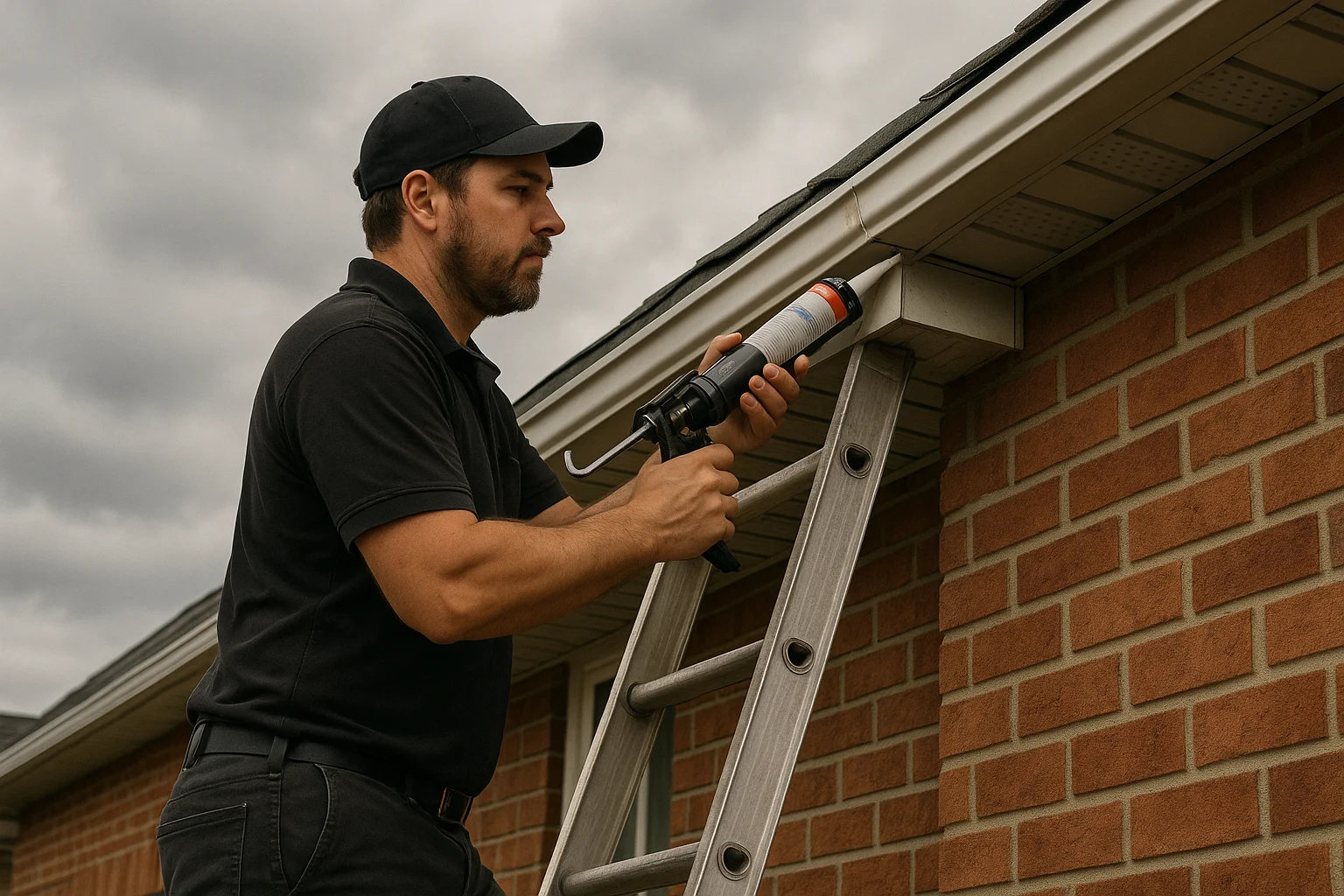 Technician resealing eavestrough corner joint on a brick Ontario home.