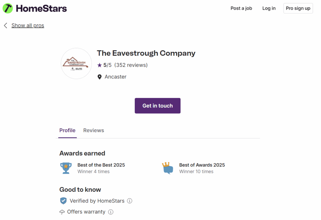 Screenshot of The Eavestrough Company’s HomeStars profile showing 352 reviews, 5-star rating, and multiple Best of Awards