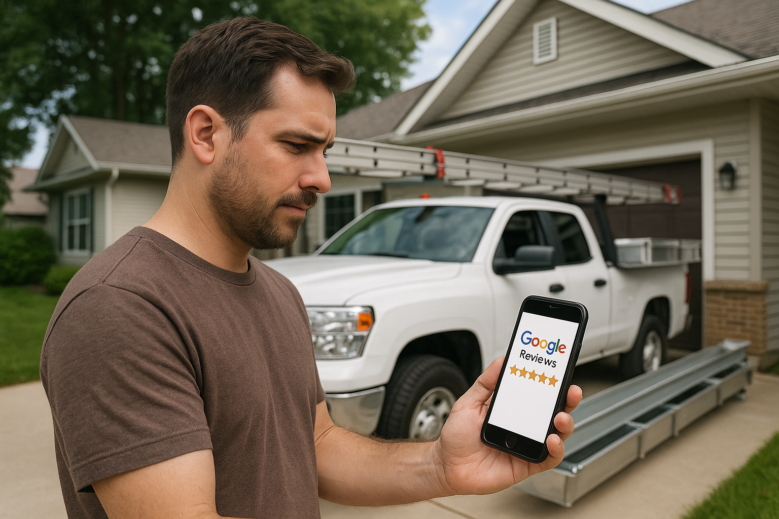 Ontario homeowner checking Google reviews to find a local contractor.