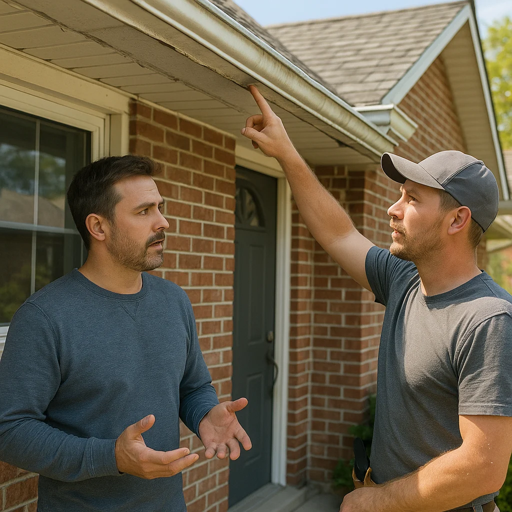 Homeowner discussing eavestrough repair with contractor outside a detached home in Ontario.