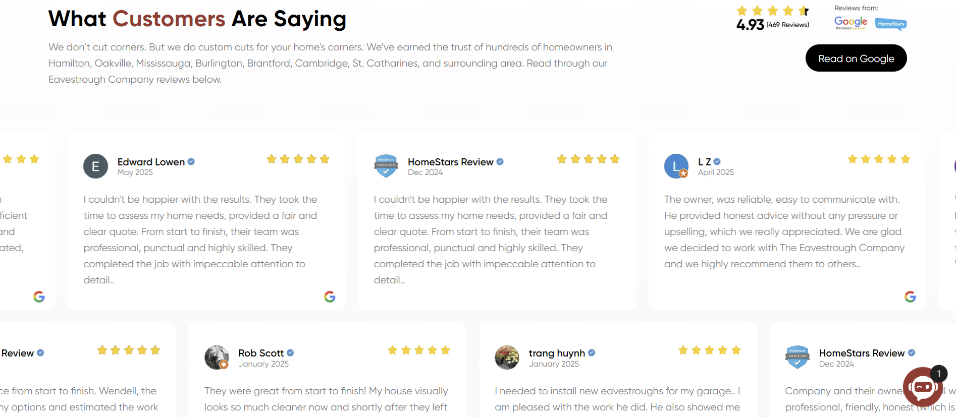 Screenshot of The Eavestrough Company website showing customer reviews section titled “What Customers Are Saying,” with multiple 5-star homeowner reviews from Ontario clients