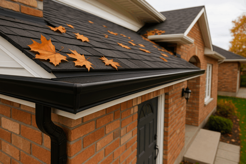 Ontario home with aluminum eavestroughs and black gutter guards installed under fall leaves.