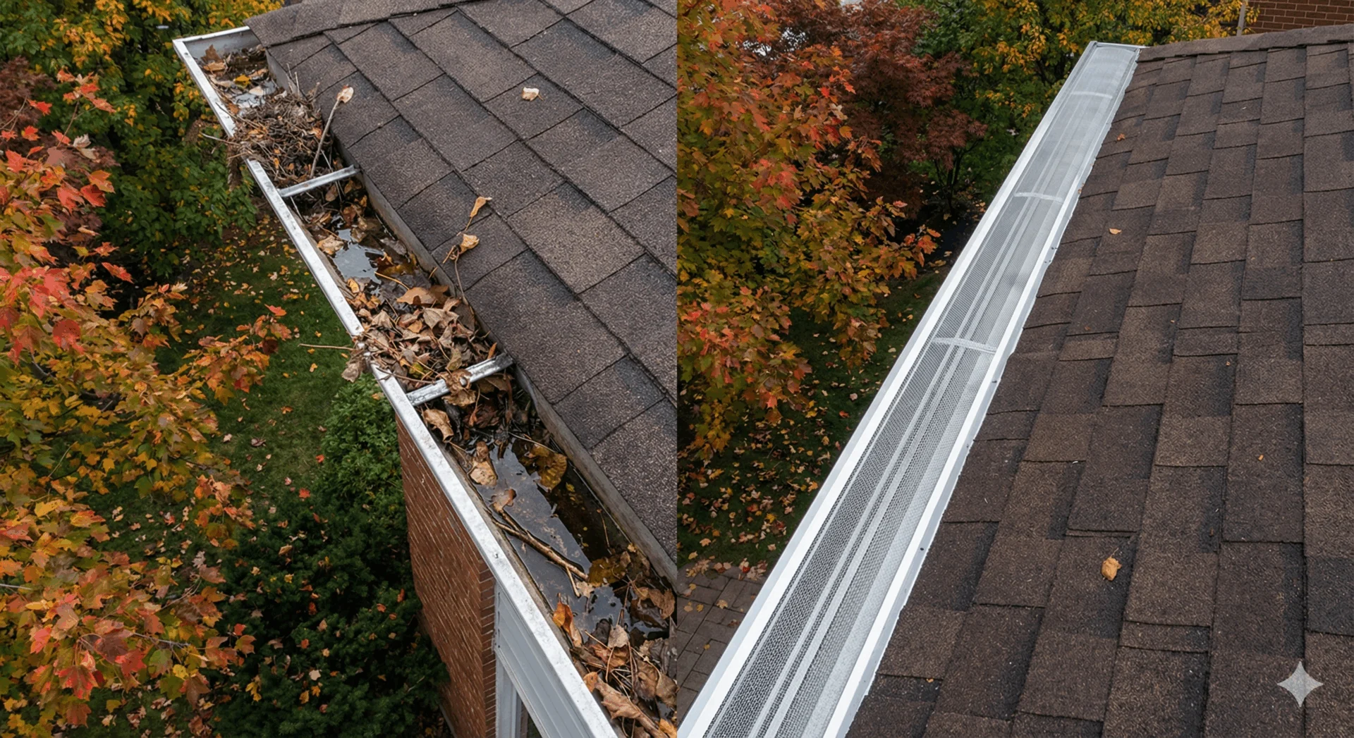 Leaf buildup on older gutter system beside a clean protected new eavestrough installation in Burlington.