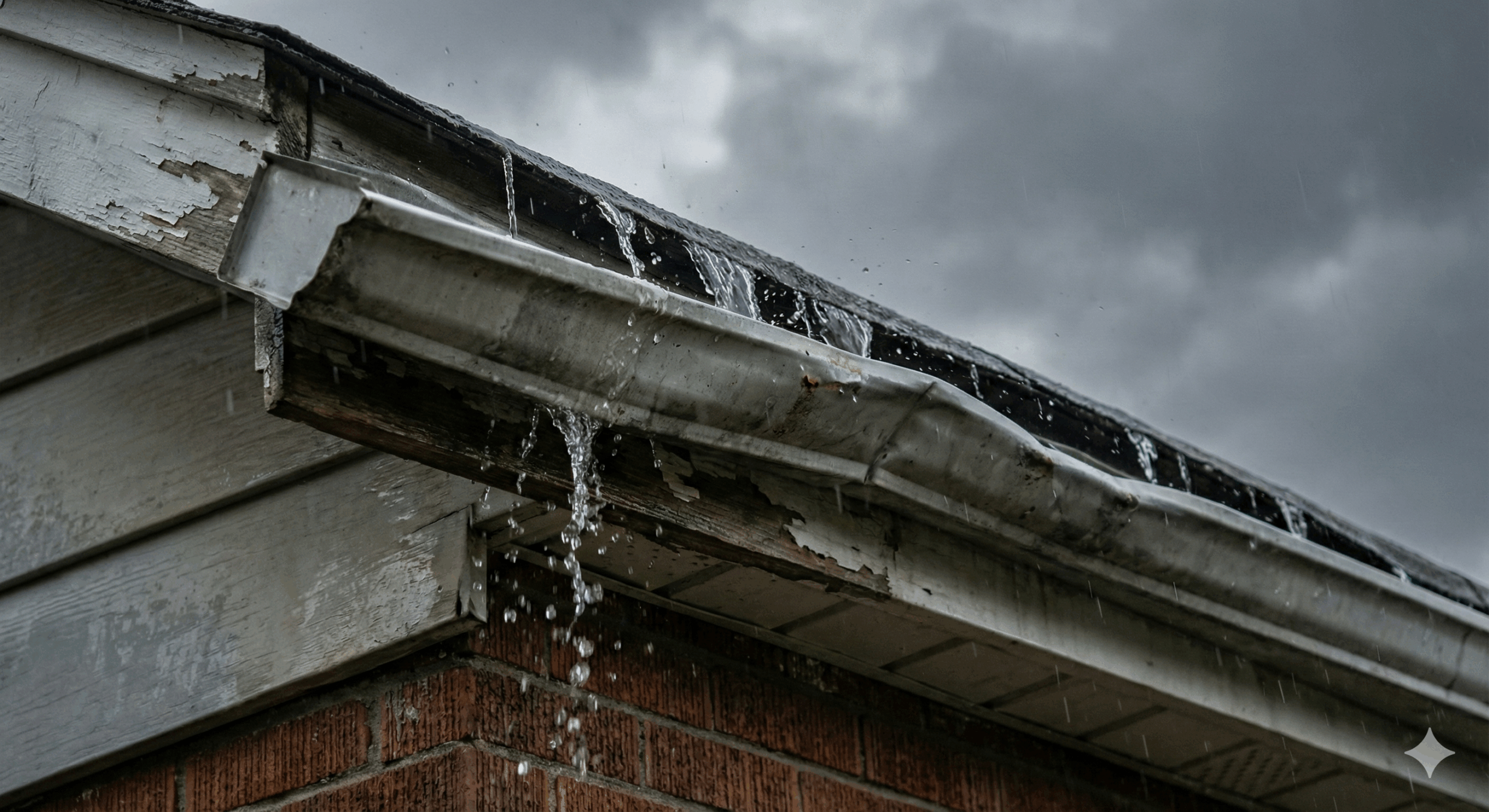 Aging aluminum eavestrough with visible wear and corner separation on a Southern Ontario home.